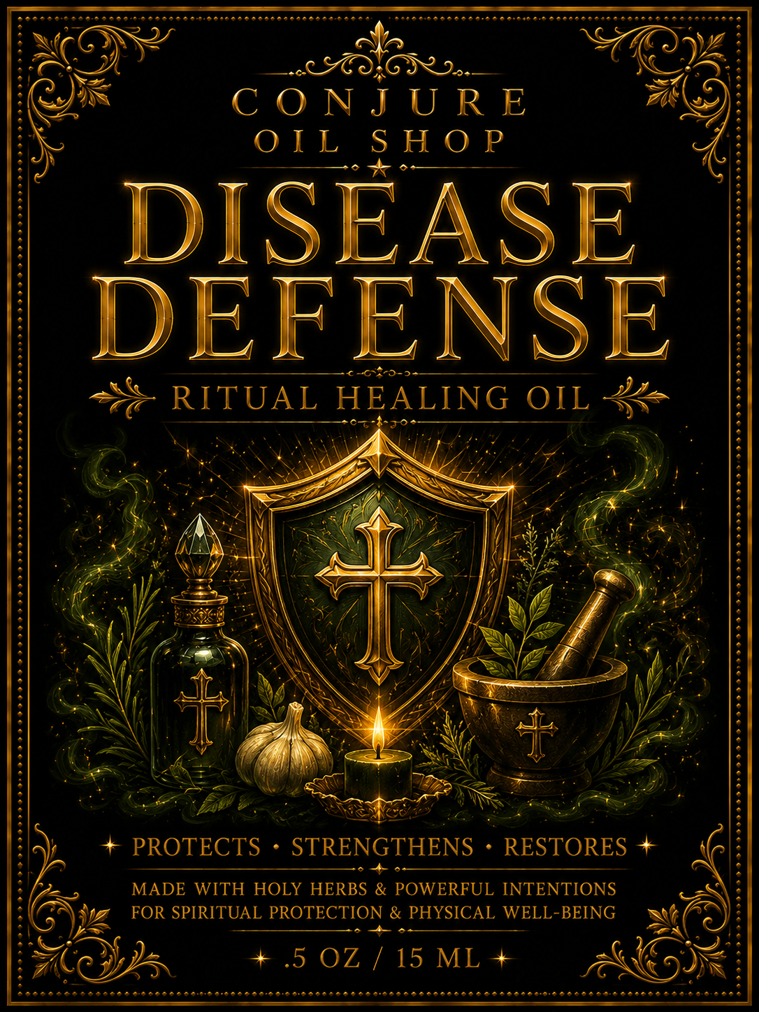 Disease Defense ritual oil label — Protects, strengthens, restores